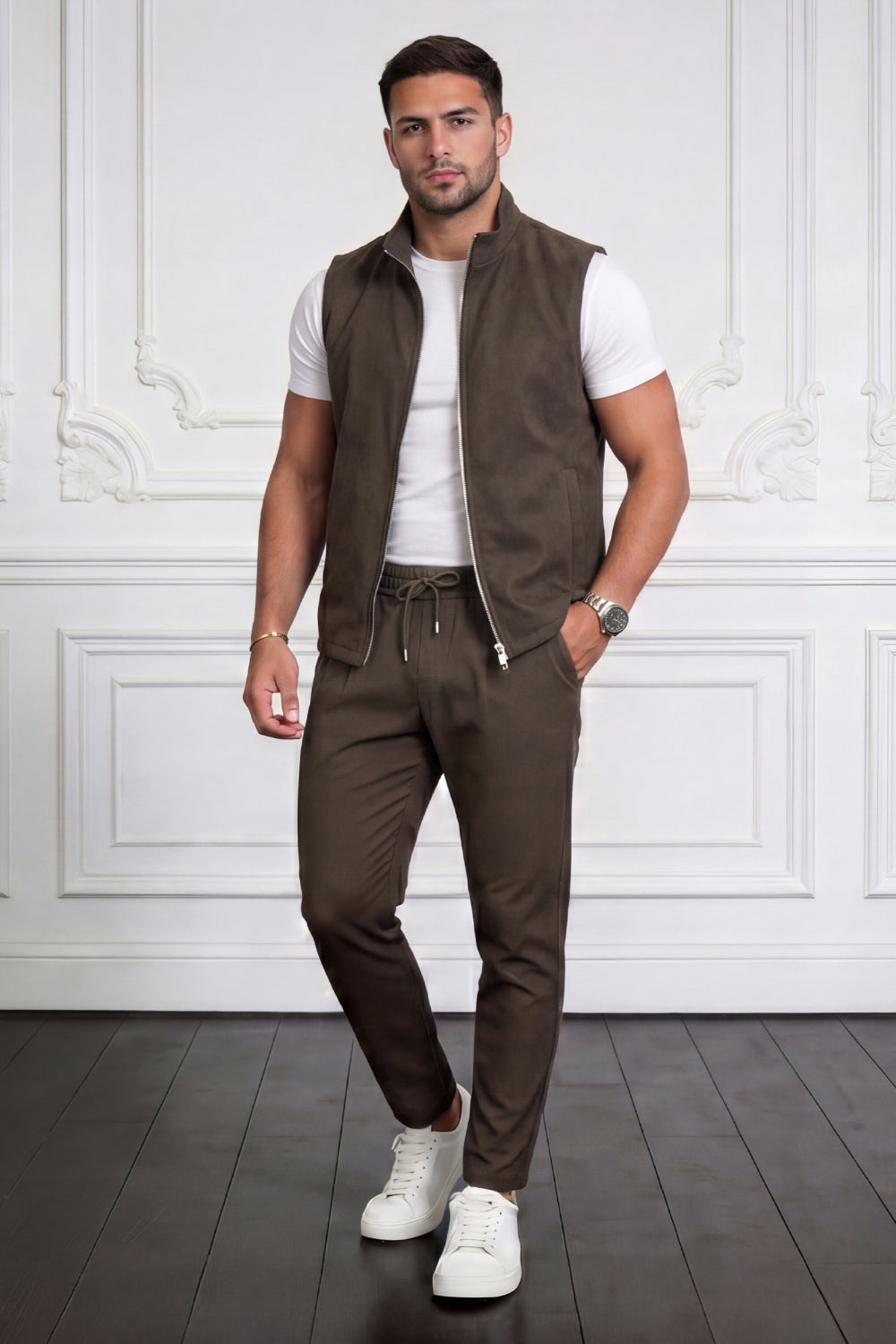 Men's Casual Stand Collar Zip-Up Vest - Brown