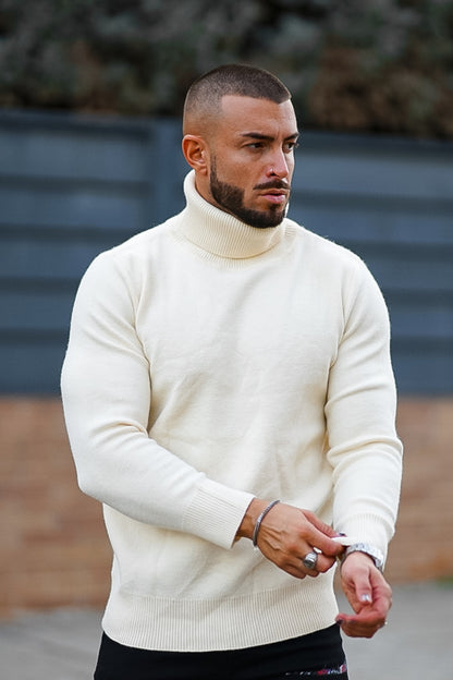 Men's White Turtleneck Sweater - Slim Fit