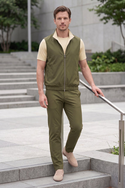 Men's 3-Piece Casual Set with Reversible Vest - Green