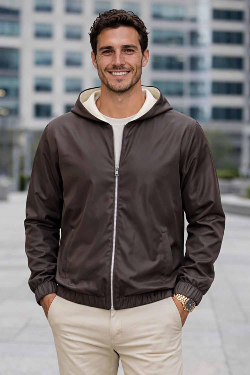 Men's Casual Hooded Lightweight Jacket - Brown