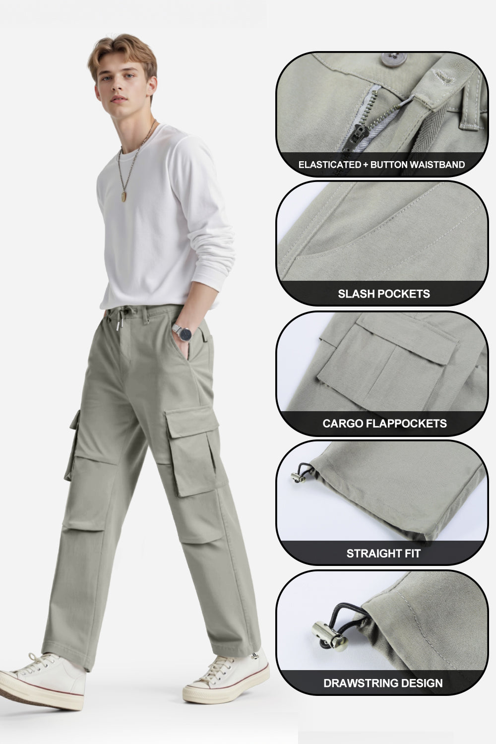 Men Straight Fit Cargo Pant - Grey