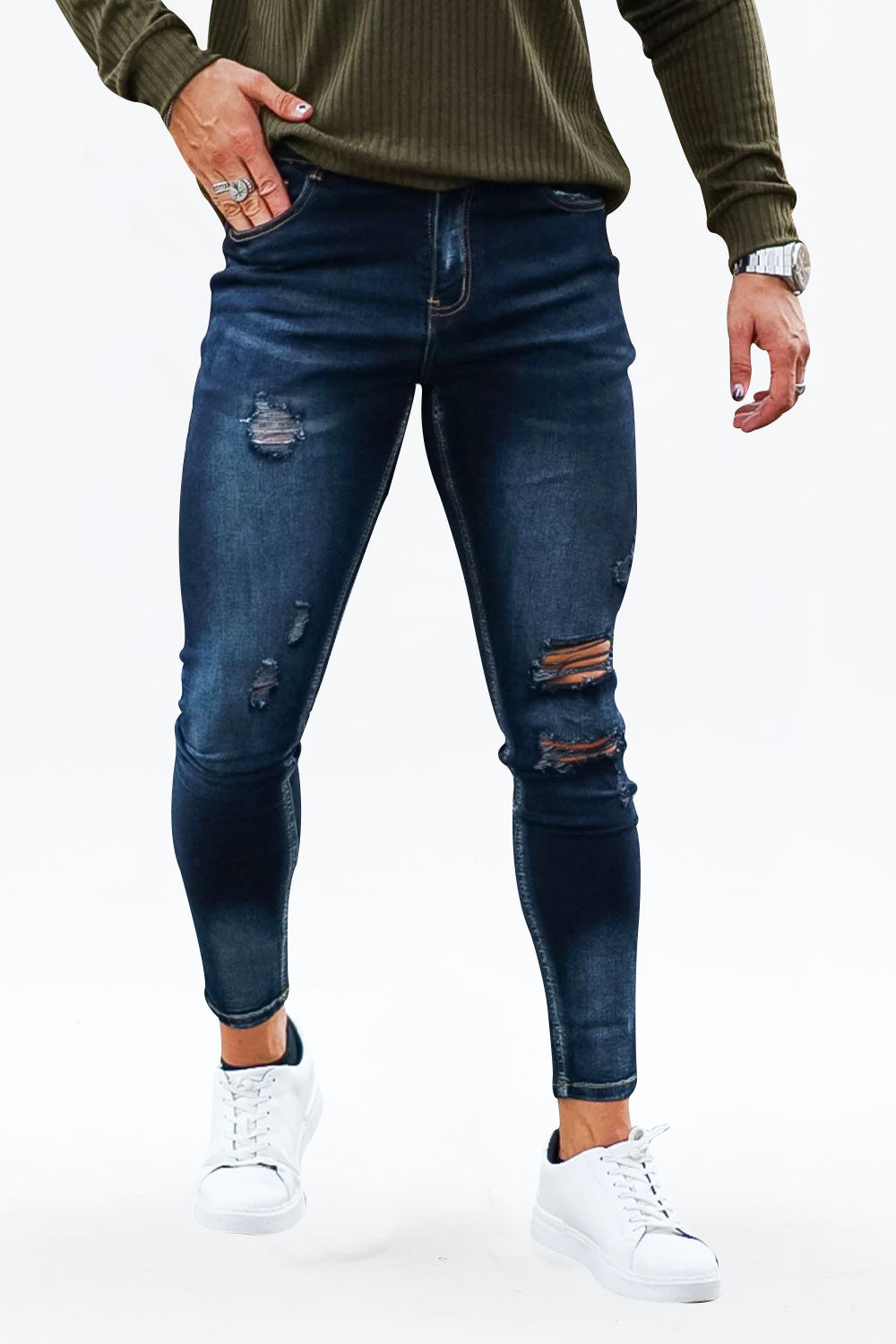 Gingtto Restoring Ancient Jeans Skinny Ripped Jeans-Dark Blue