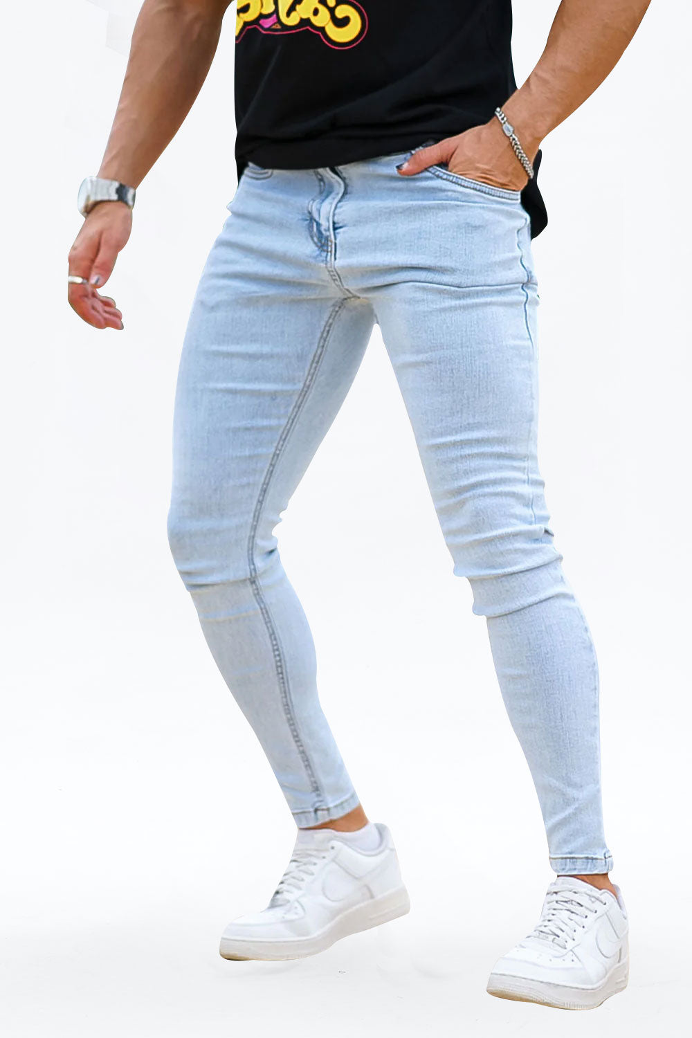 men's light blue high-waisted skinny jeans