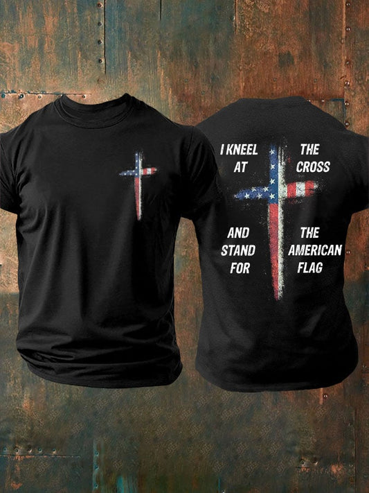Mens Stand For The Flag Kneel For The Cross Printed Casual T-Shirt