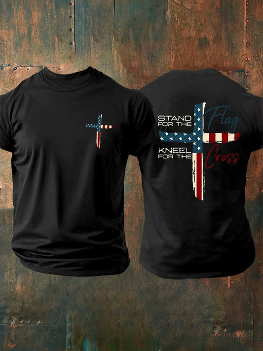 Men's Stand For The Flag Kneel For The Cross Casual Printed T-Shirt