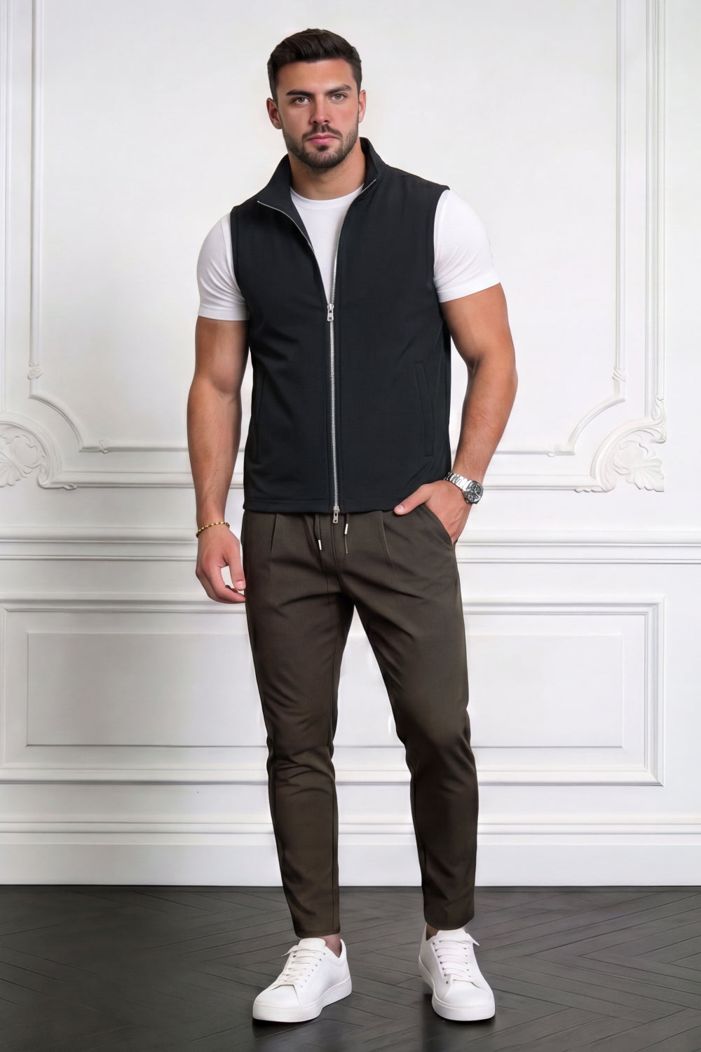 Men's Casual Stand Collar Zip-Up Vest - Black
