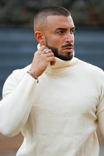 Men's White Turtleneck Sweater - Slim Fit