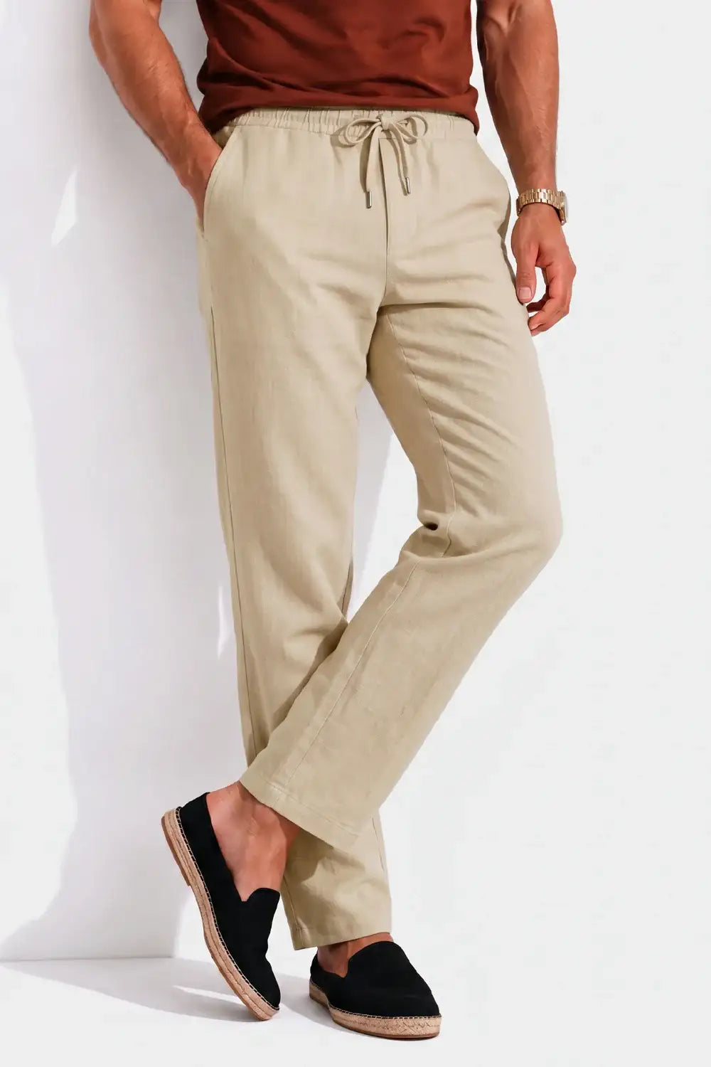 Men's Drawstring Casual Linen Pant - Khaki