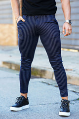 Gingtto Men's Blue Striped Trousers