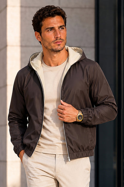 Men's Casual Hooded Lightweight Jacket - Brown