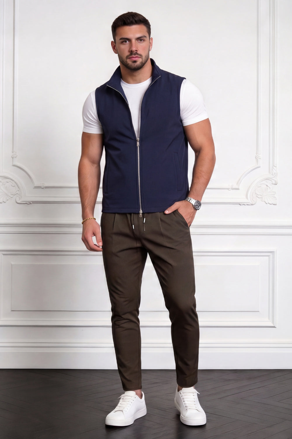 Men's Casual Stand Collar Zip-Up Vest - Navy Blue