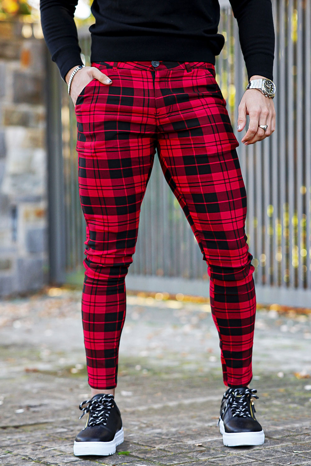 And Black Plaid Mens Skinny Tartan Pants Mens Red And Black Plaid
