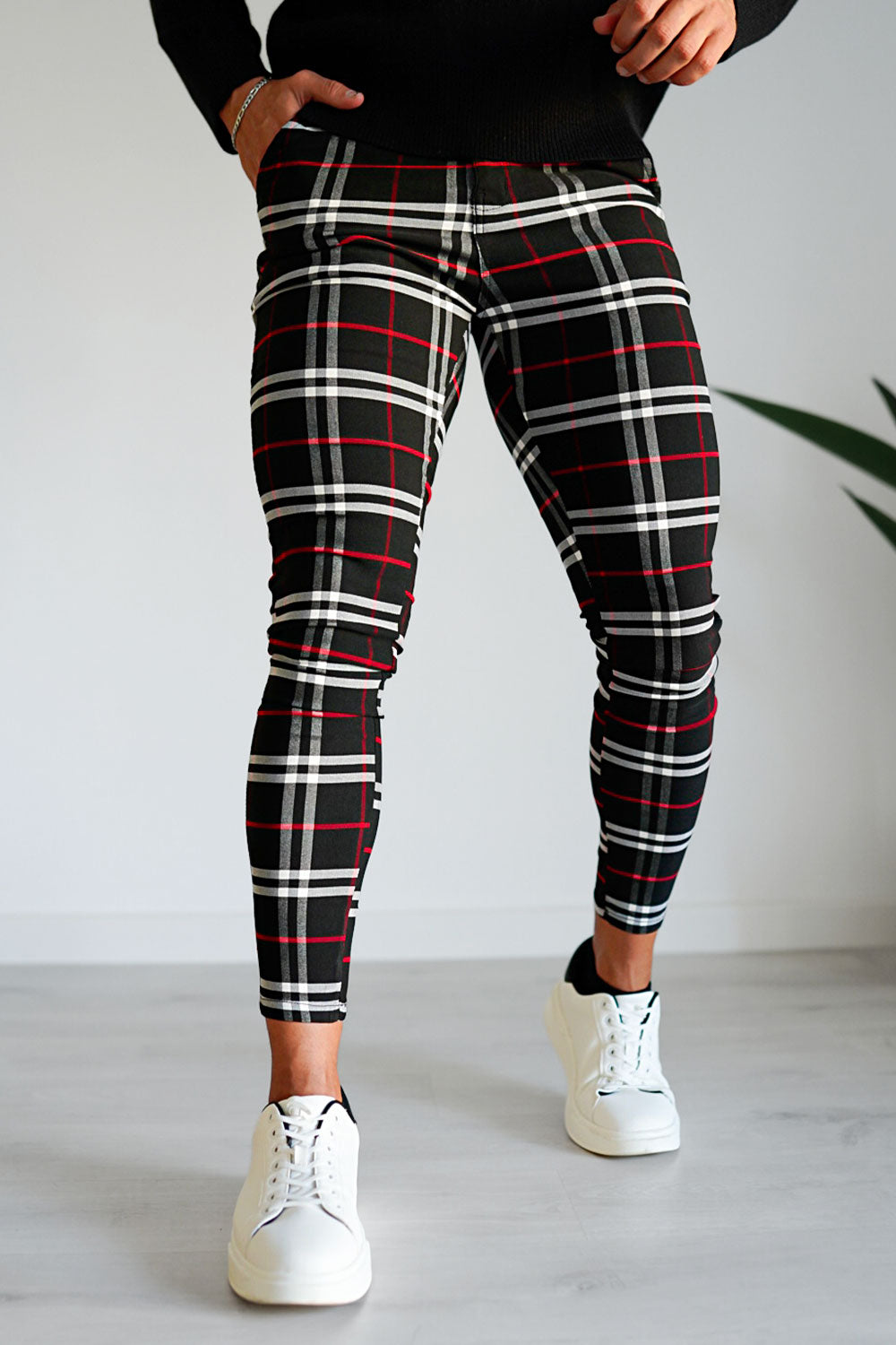  Men's Plaid Chino Pants - Black And Red