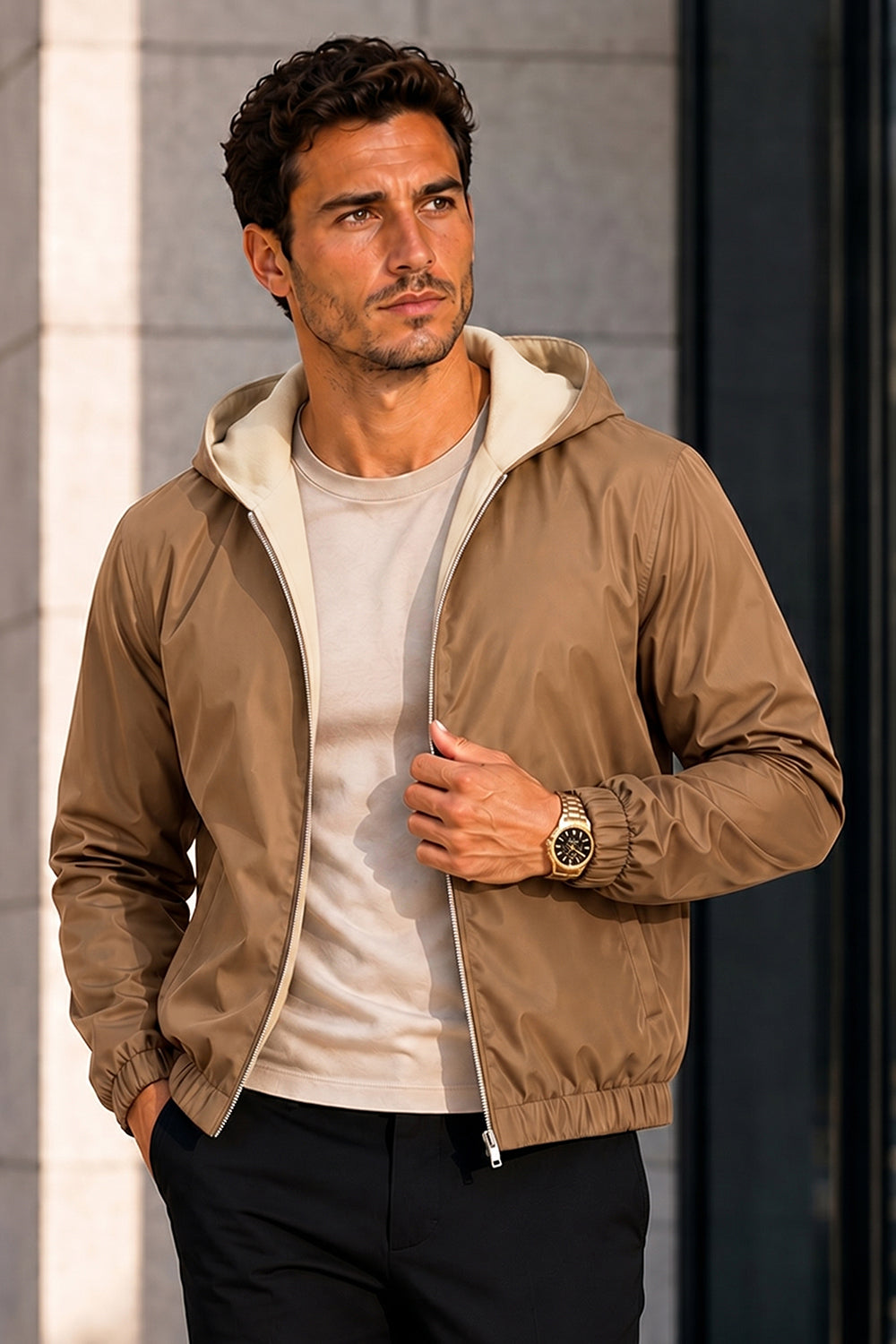 Men's Casual Hooded Lightweight Jacket - Camel