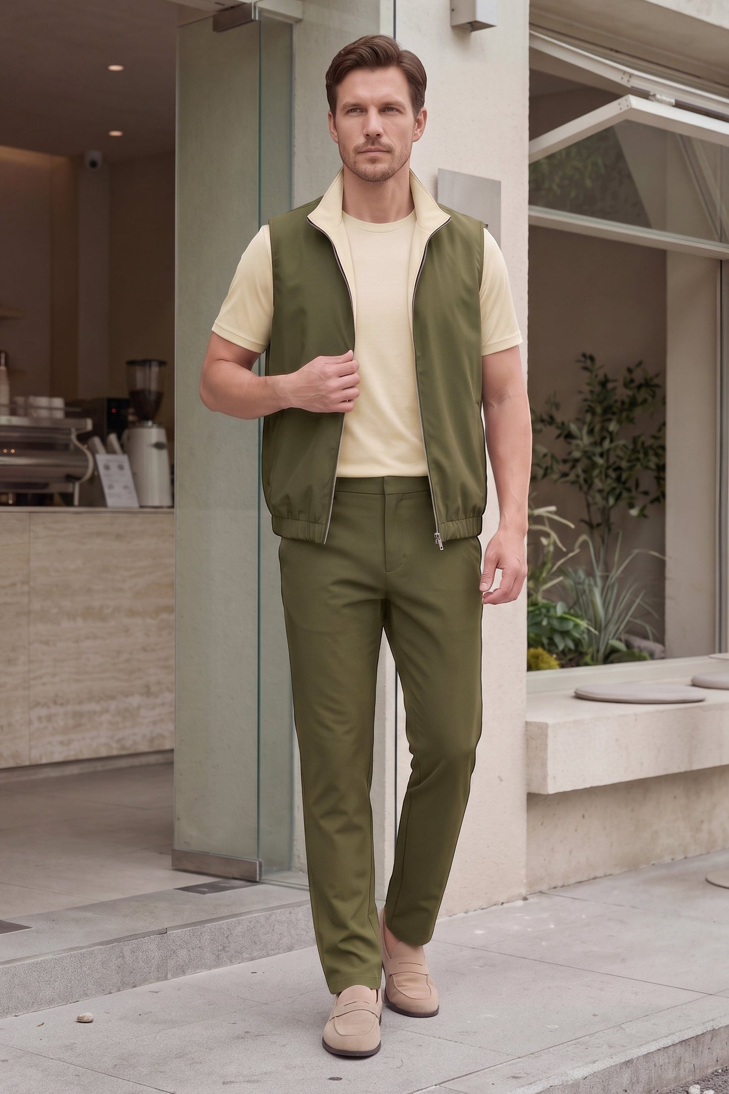Men's 3-Piece Casual Set with Reversible Vest - Green