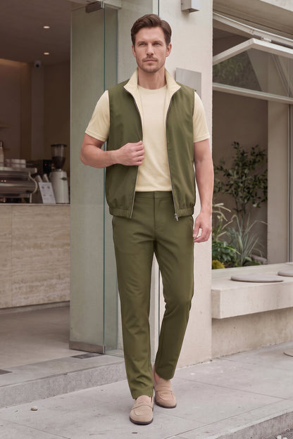 Men's 3-Piece Casual Set with Reversible Vest - Green