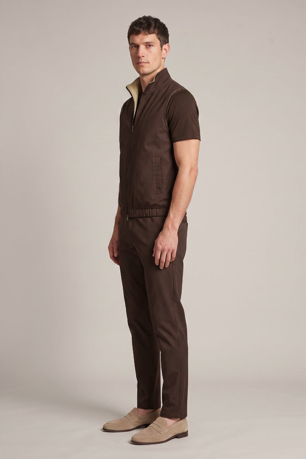 Men's 3-Piece Casual Set with Reversible Vest - Brown