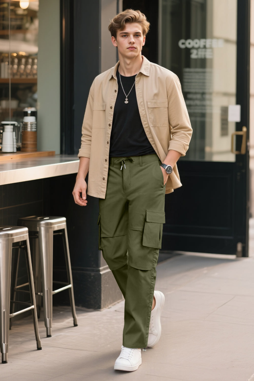 Men Straight Fit Cargo Pant - Green