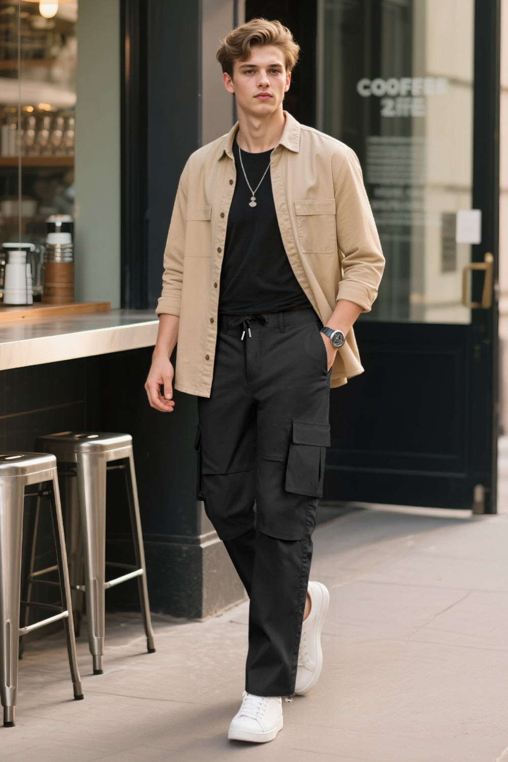 Men Straight Fit Cargo Pant - Black