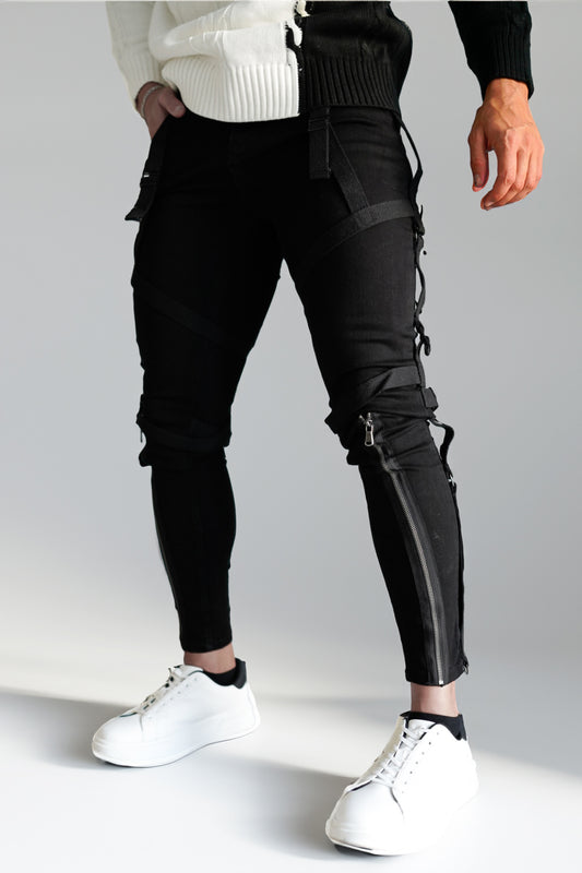 Jeans casual con zip da uomo-Jeans elasticizzati neri