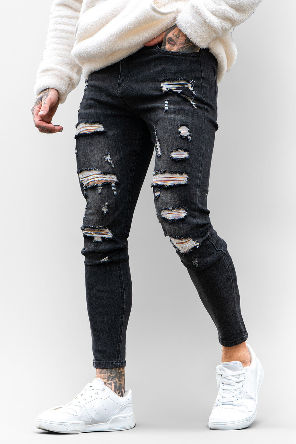 super stretch skinny jeans - ripped & dark grey