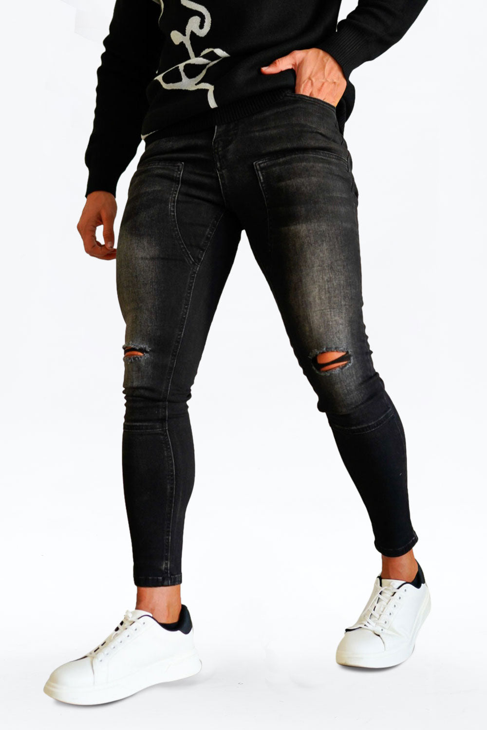 black ripped stretch jeans
