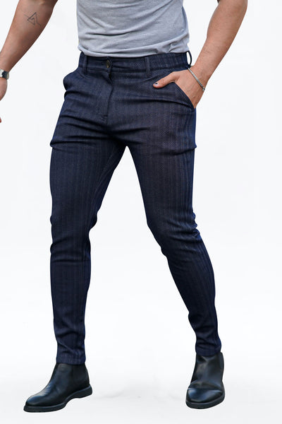 Gingtto Stylish Comfortable Dark Blue Chinos With Vertical Stripes