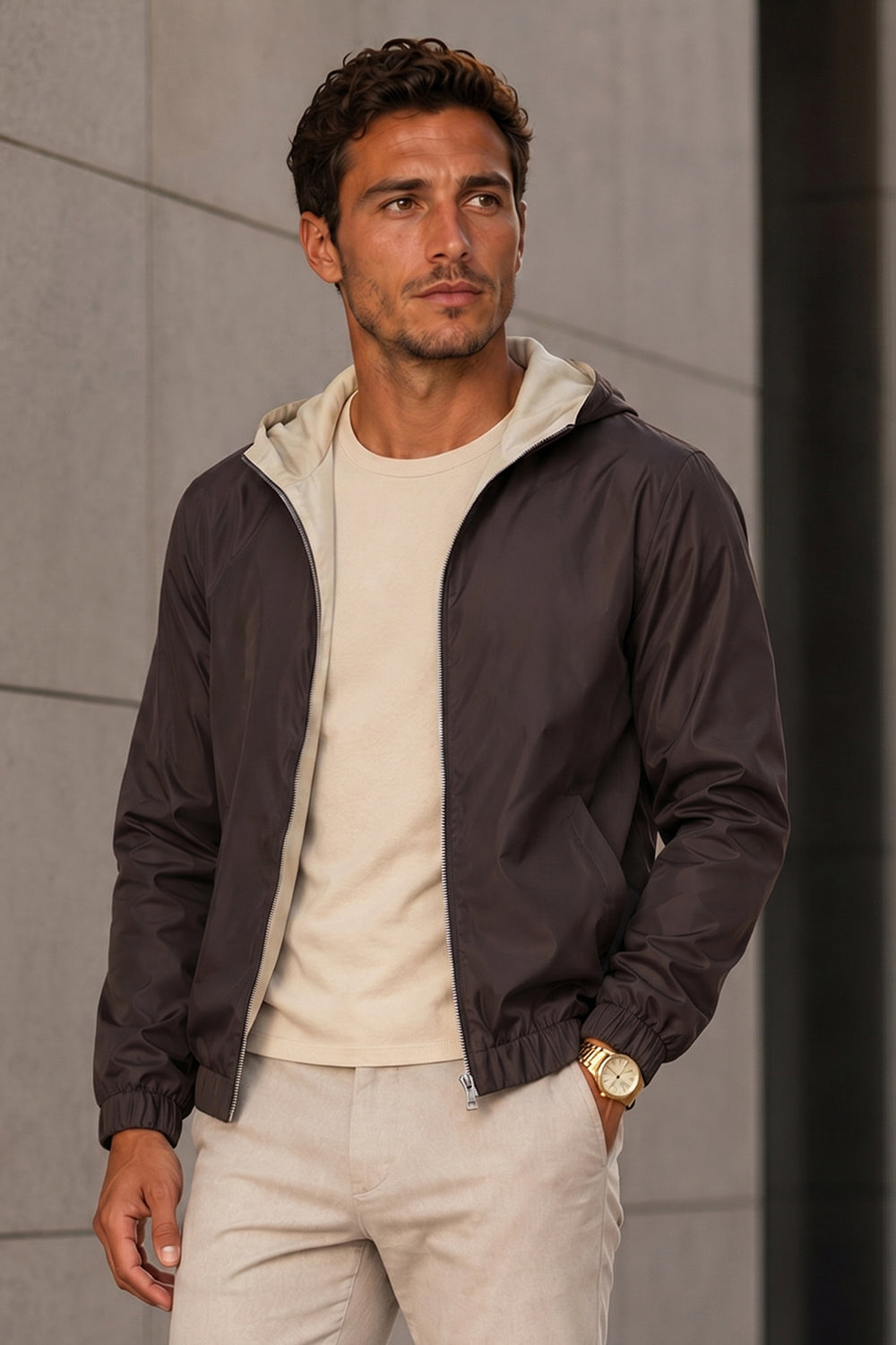 Men's Casual Hooded Lightweight Jacket - Brown