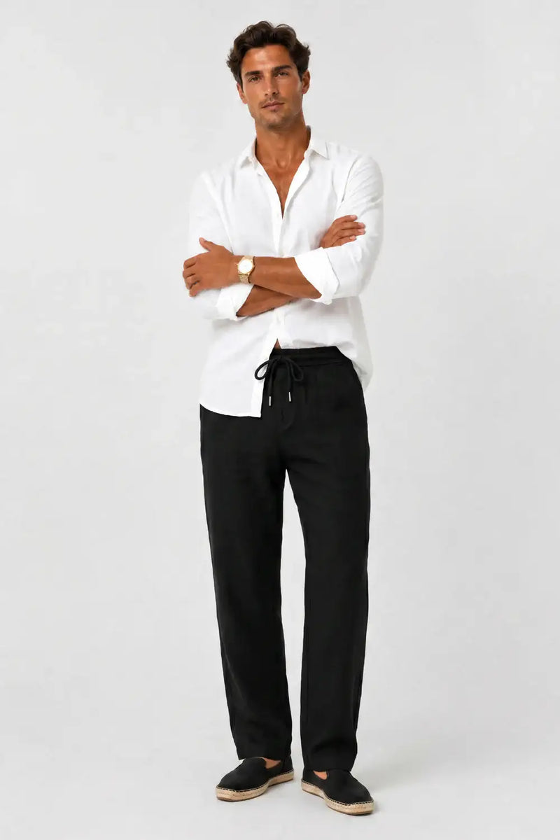 Man wearing black drawstring pants with white shirt, stylish comfortable fit for casual wear
