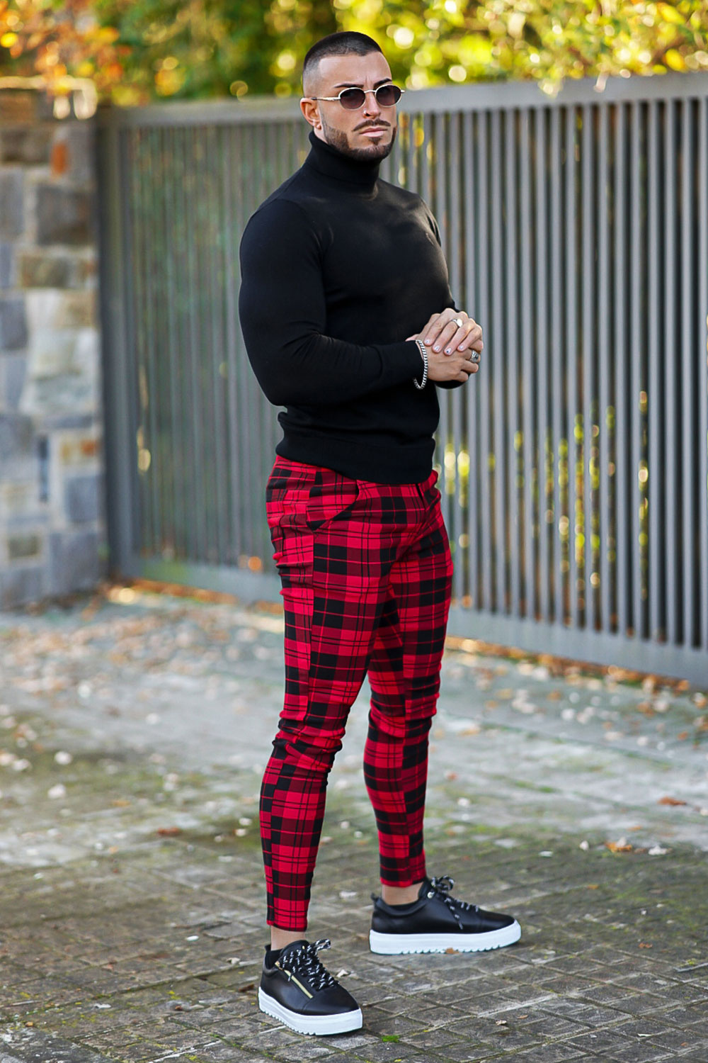 Red and black pants sales