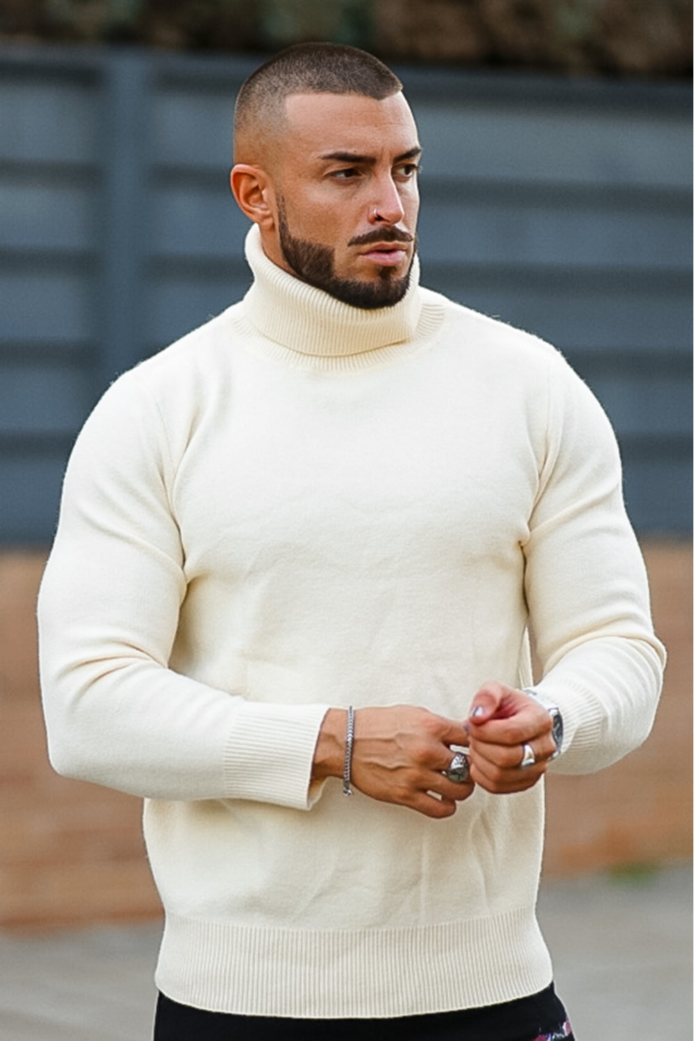 Men's White Turtleneck Sweater - Slim Fit