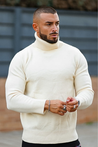 Men's White Turtleneck Sweater - Slim Fit
