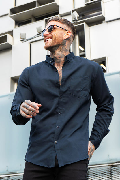 Men's Long Sleeve Dress Shirt - White/ Black/ Dark Blue