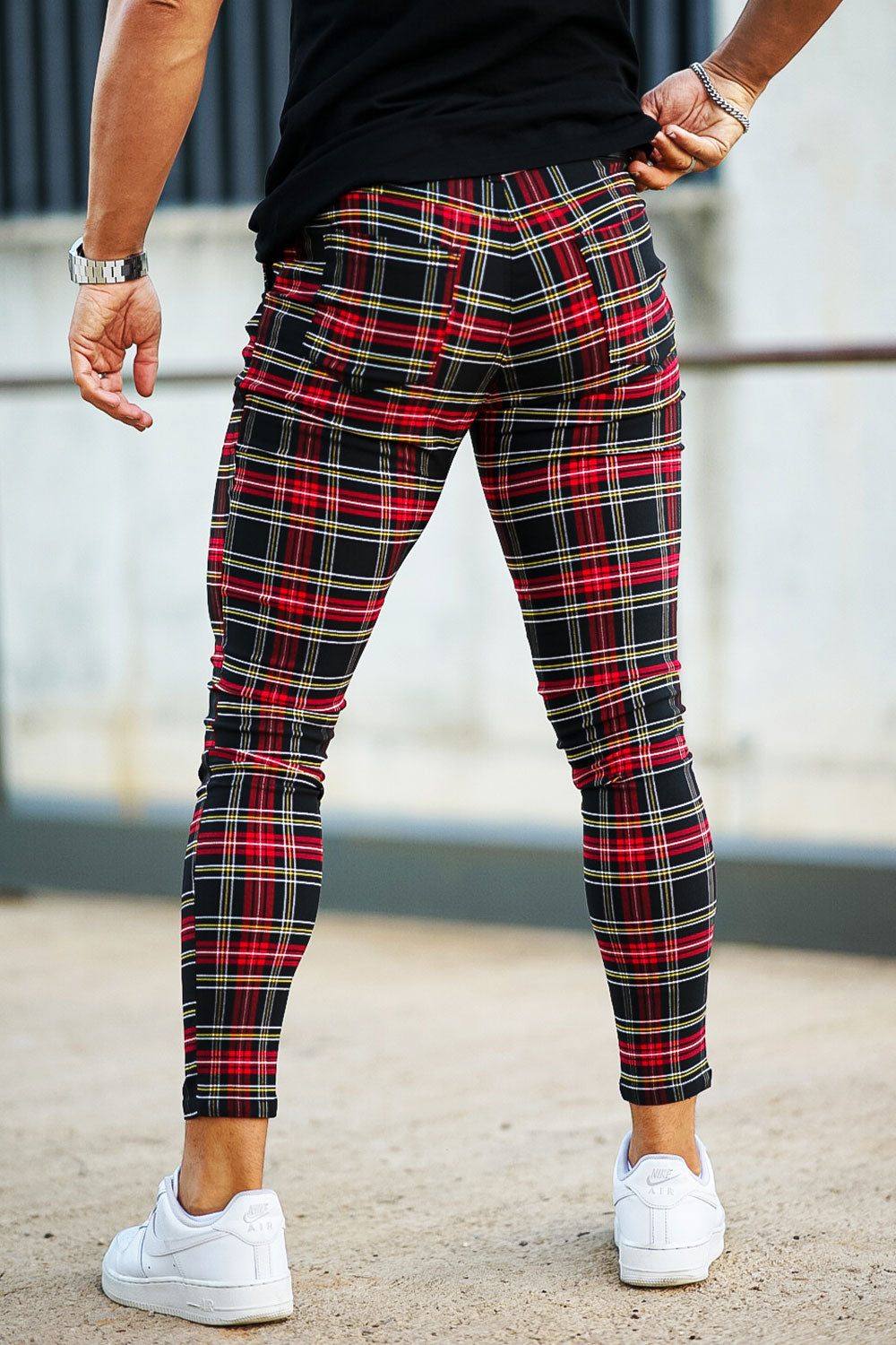 red and black plaid chinos