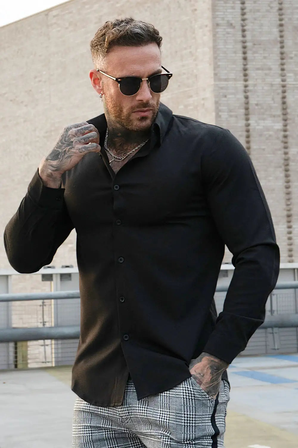 Men's Long Sleeve Dress Shirt - White/ Black/ Dark Blue