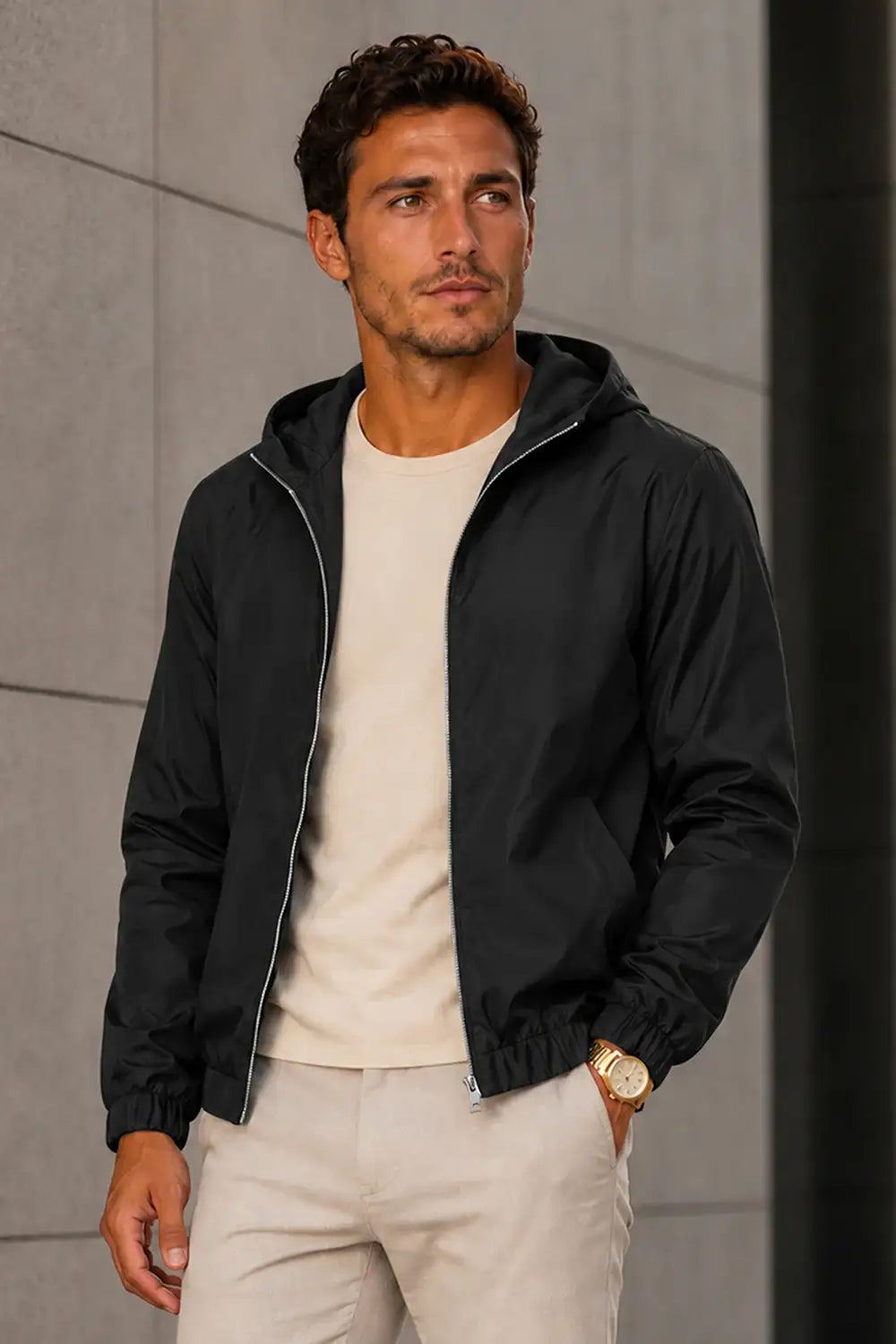 Men's Casual Hooded Lightweight Jacket - Black