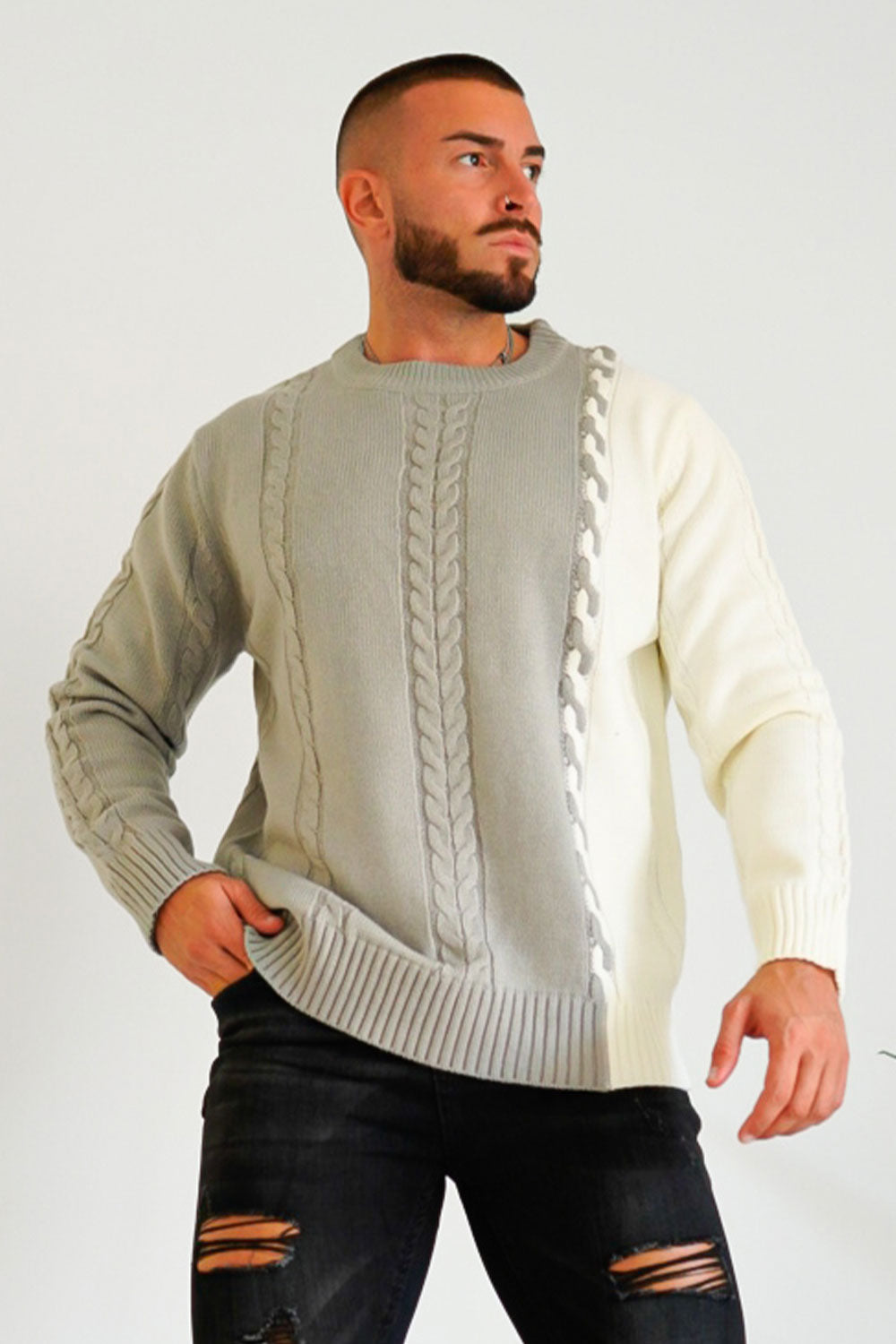 Gingtto Mens Sweater Long Sleeve Slim Fit Grey And White Sweater