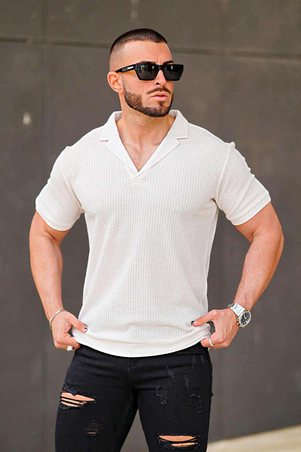 white short sleeve polo shirt