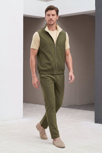 Men's 3-Piece Casual Set with Reversible Vest - Green