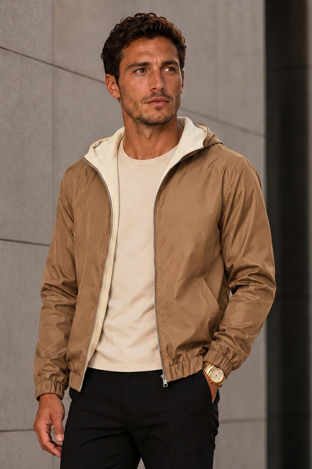 Men's Casual Hooded Lightweight Jacket - Camel