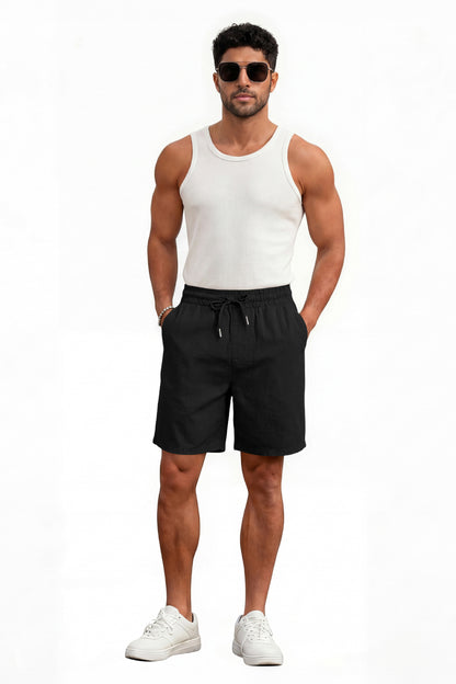 Men's Drawstring Casual Linen Shorts - Black