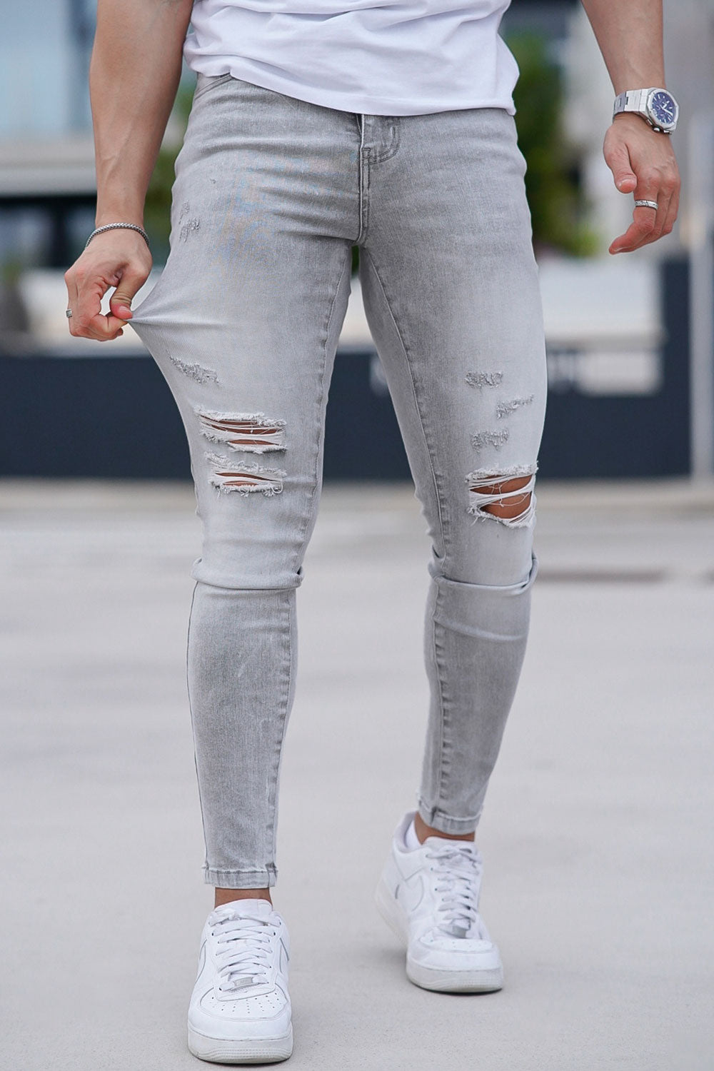 Men‘s Ripped Washed Skinny Marble Grey Jeans