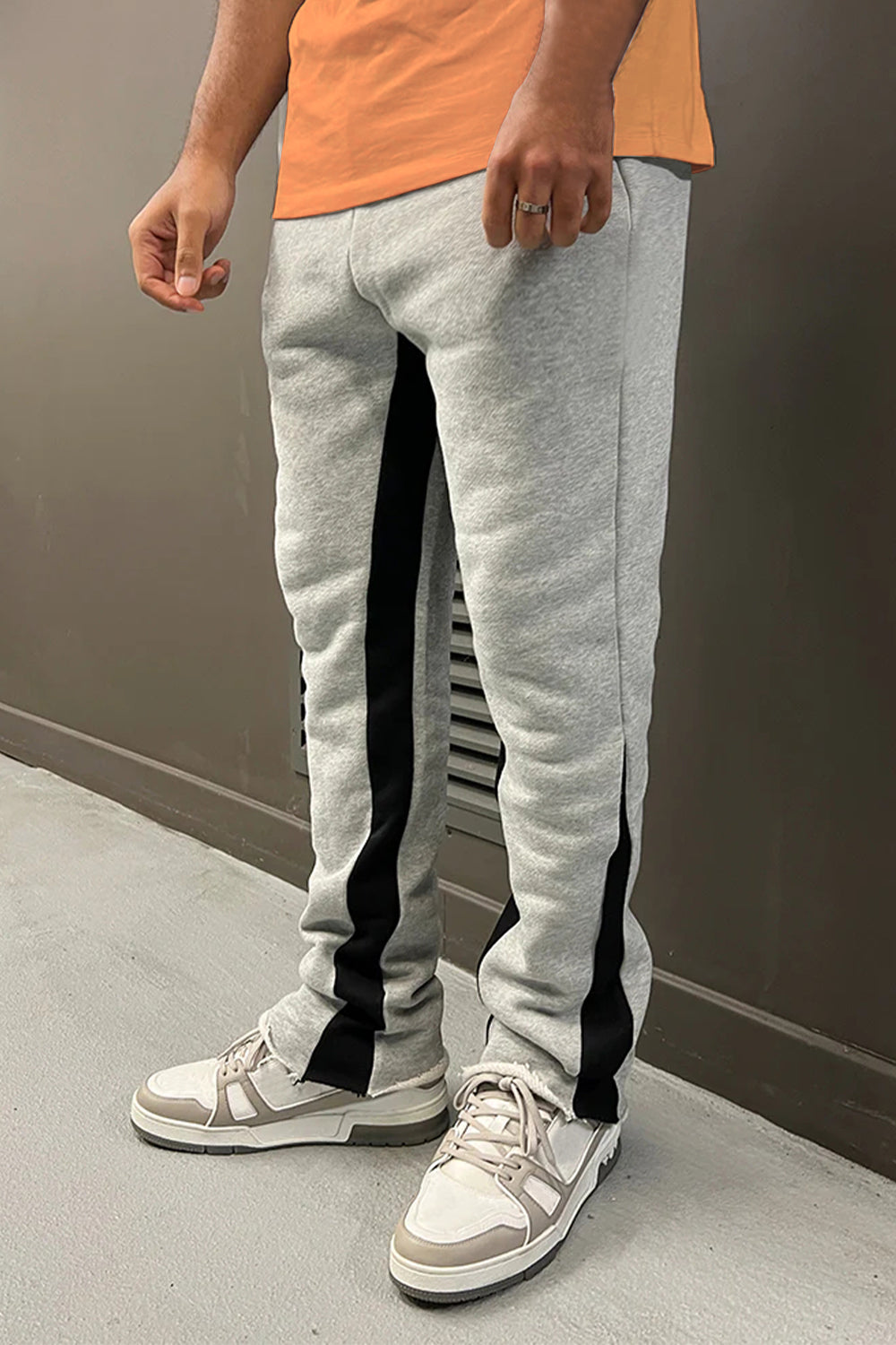 gray and black contrast bootcut sweatpants