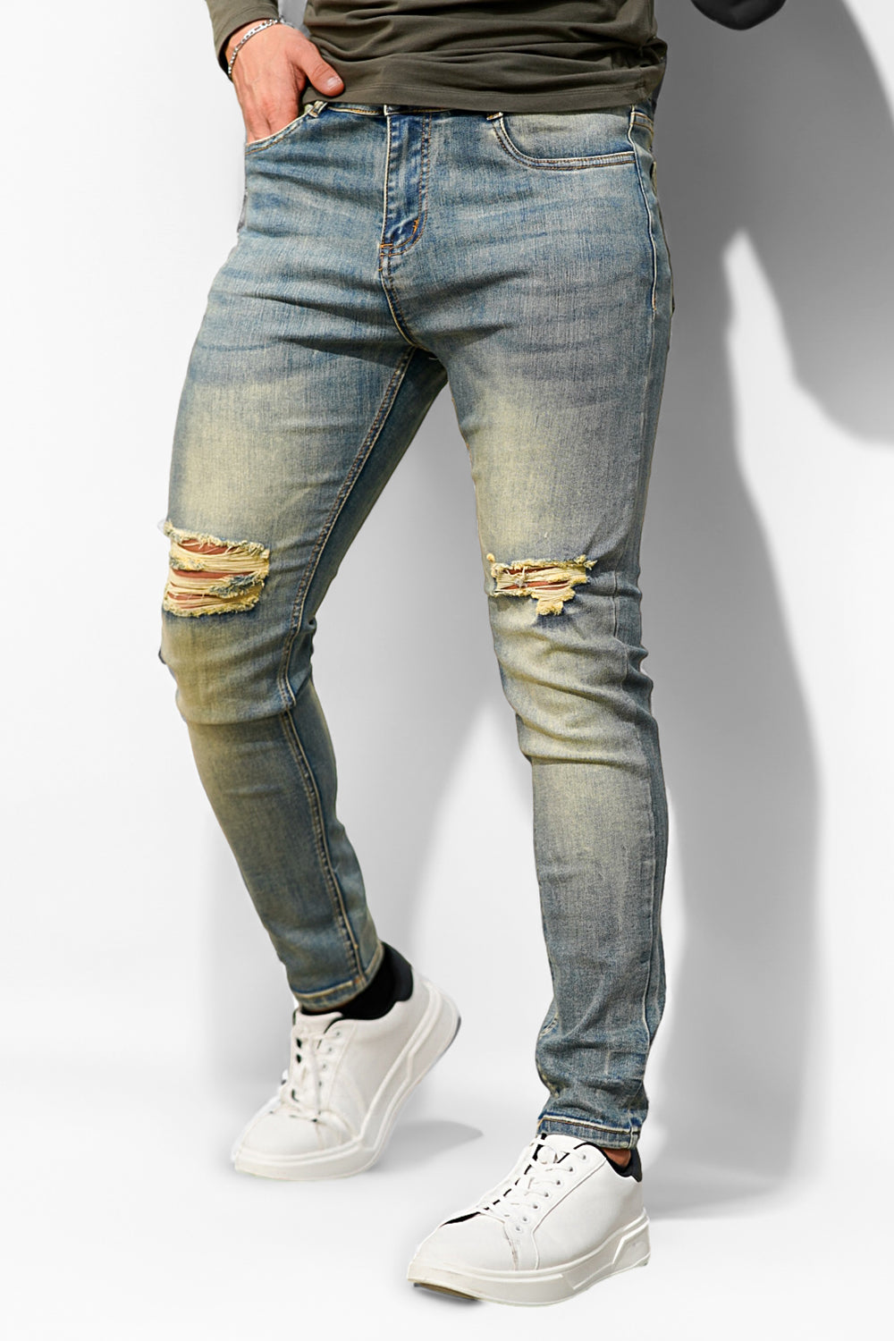 gingtto mens blue skinny jeans ripped - washing