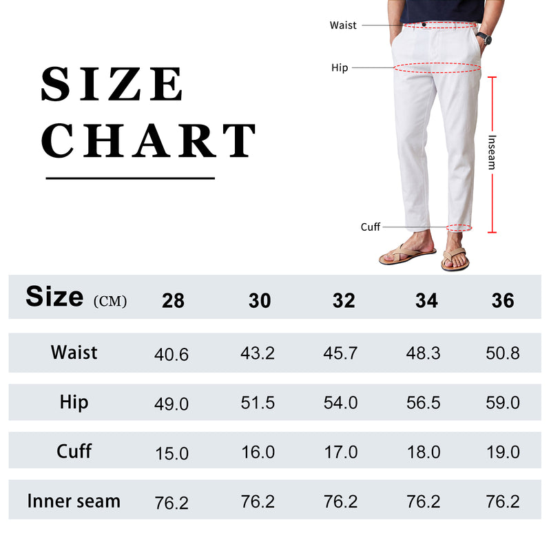 Moderne, schmal geschnittene Herren-Leinenhose für unterwegs Size Chart
