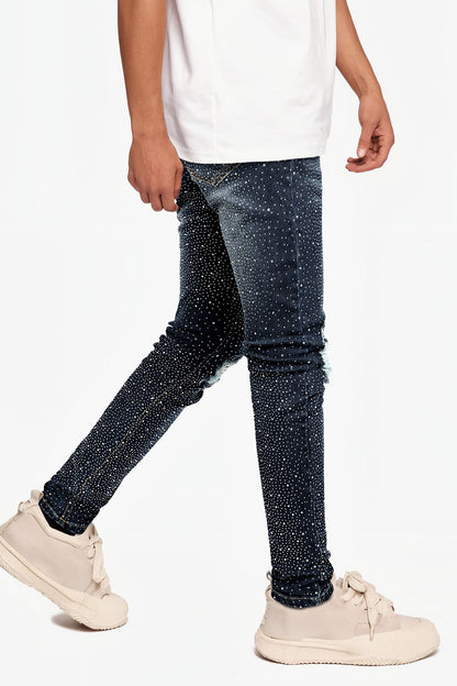Men's Bedazzled Skinny Ripped Jean - Dark Blue (Pre-Sale)