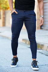 Gingtto Men's Blue Striped Trousers