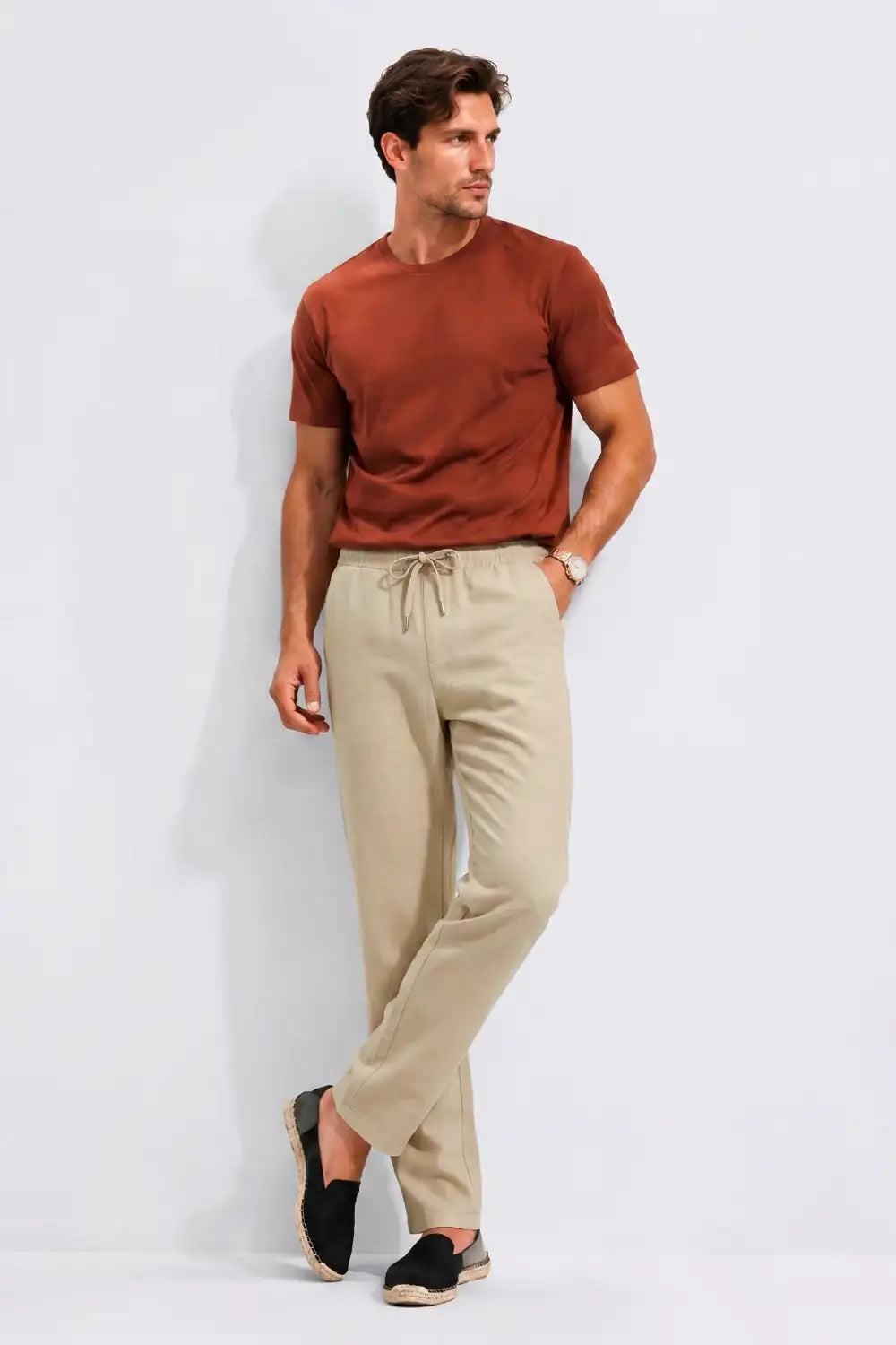 Men's Drawstring Casual Linen Pant - Khaki