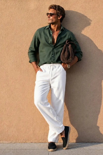 Men's Drawstring Casual Linen Pant - White