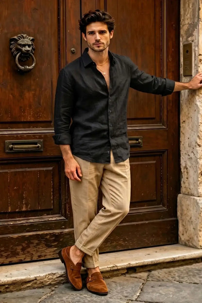 Men's Casual Linen Shirts - Black